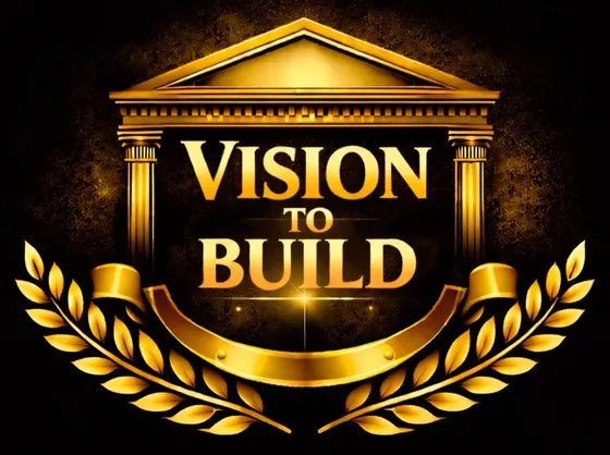 Vision To Build Consulting logo: a gold columned building framed by laurel branches